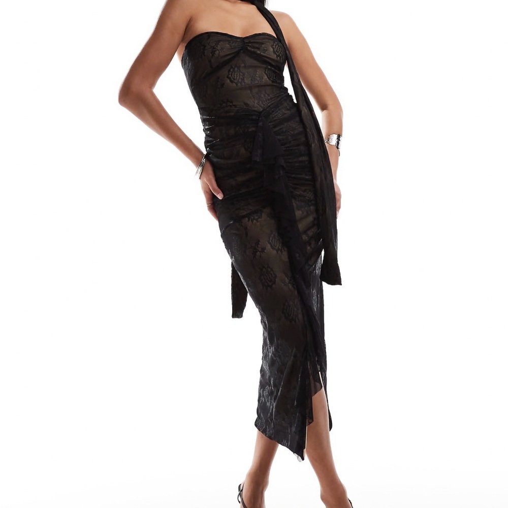 ASOS DESIGN jacquard power mesh maxi dress with ruching and ruffle detail NWT